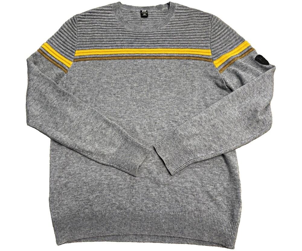 Helly Hansen Gray Yellow Striped Rib-Knit Crewneck Wool Sweater Men M